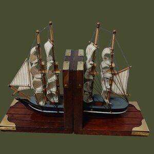 Vtg Wooden Ship Bookends With Wood & Metal Accents & Nautical Design Multicolor